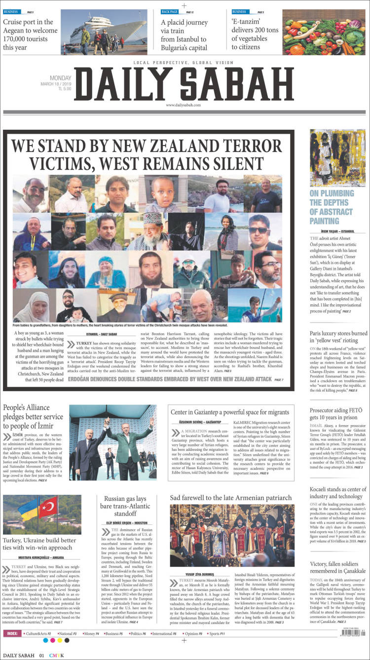 Portada de Daily Sabah (Turqu&iacute;a)