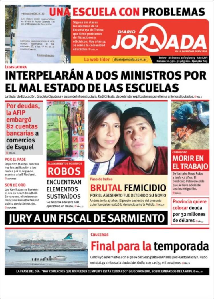 Portada de Diario Jornada en la Patagonia (Argentina)