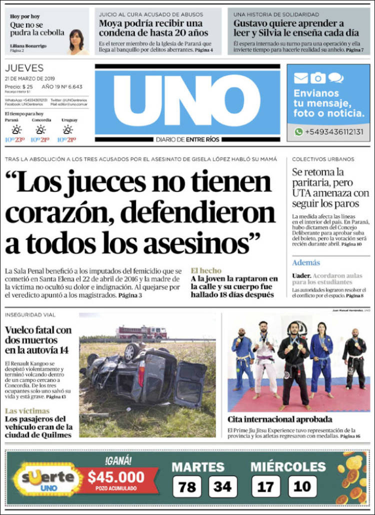 Portada de Diario Uno de Entre Ríos (Argentina)