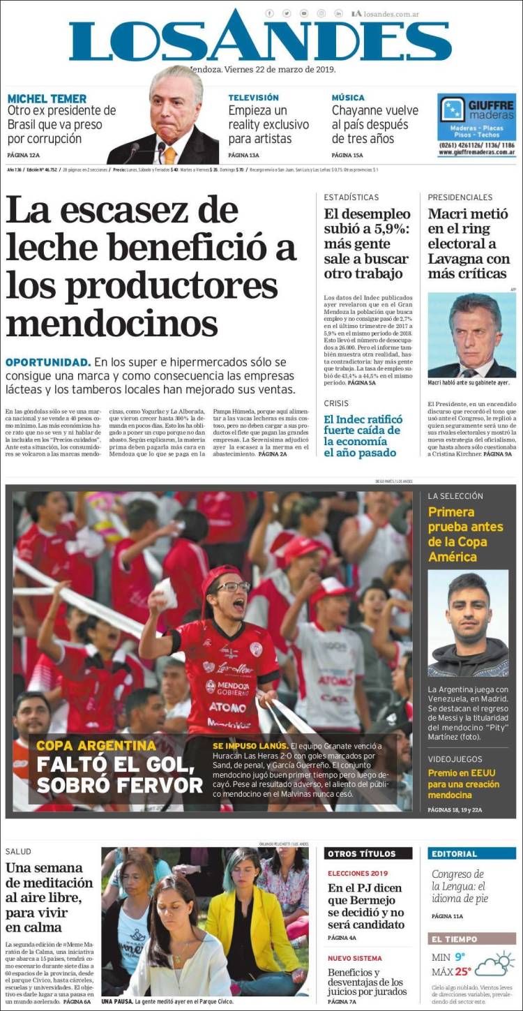 Portada de Los Andes - Mendoza (Argentina)