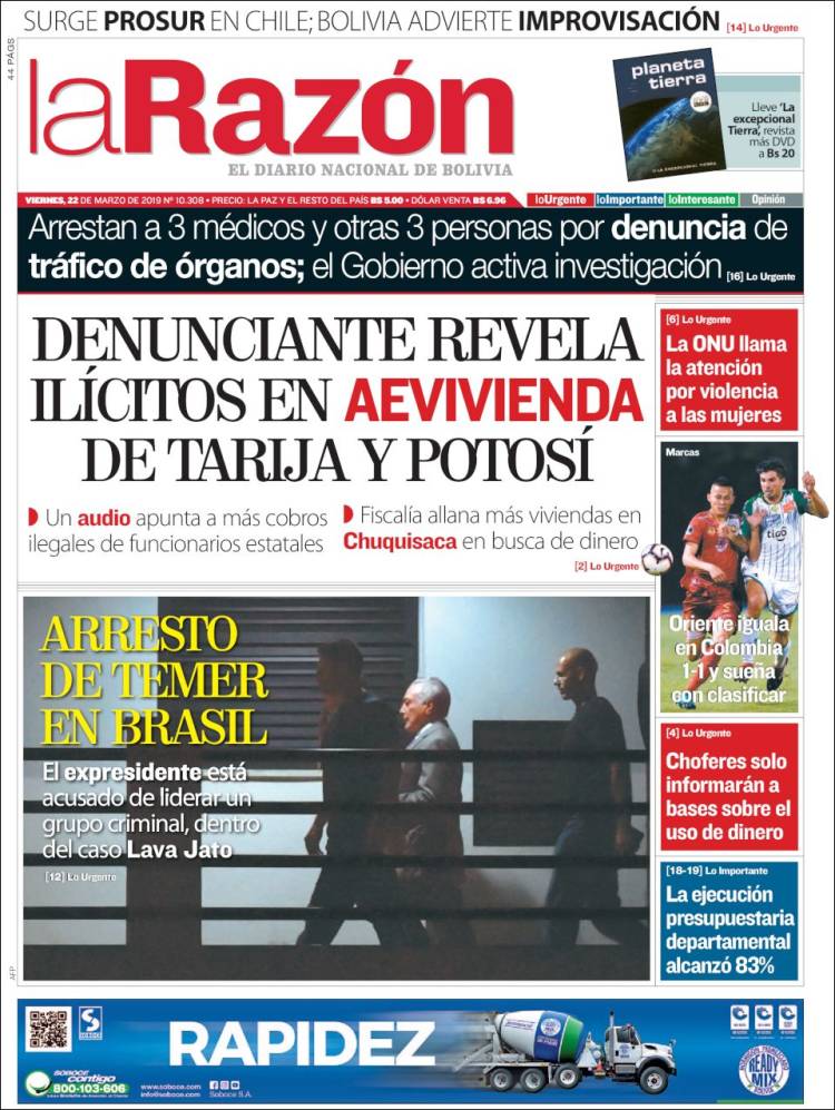 Portada de La Razón (Bolivia)