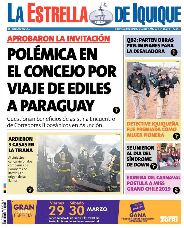 Portada de La Estrella de Iquique (Chile)