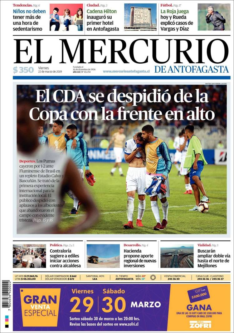 Portada de El Mercurio de Antofagasta (Chile)