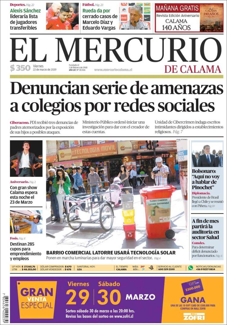 Portada de El Mercurio - Calama (Chile)