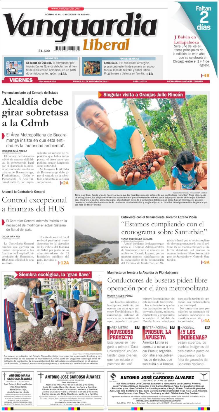 Portada de Vanguardia Liberal (Colombia)