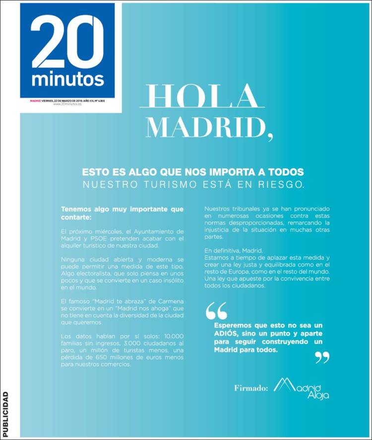 Portada de 20 Minutos - Madrid (España)