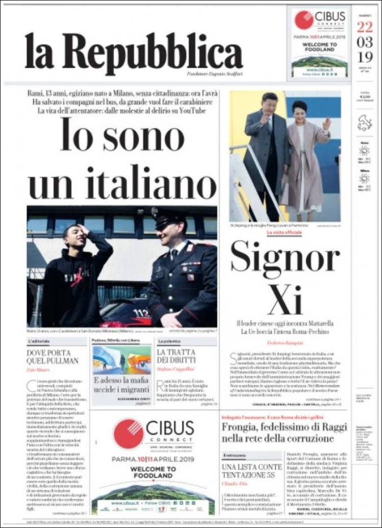 Portada de La Repubblica (Italia)