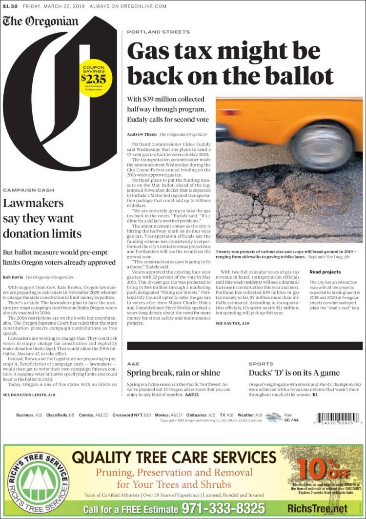 Portada de The Oregonian (USA)