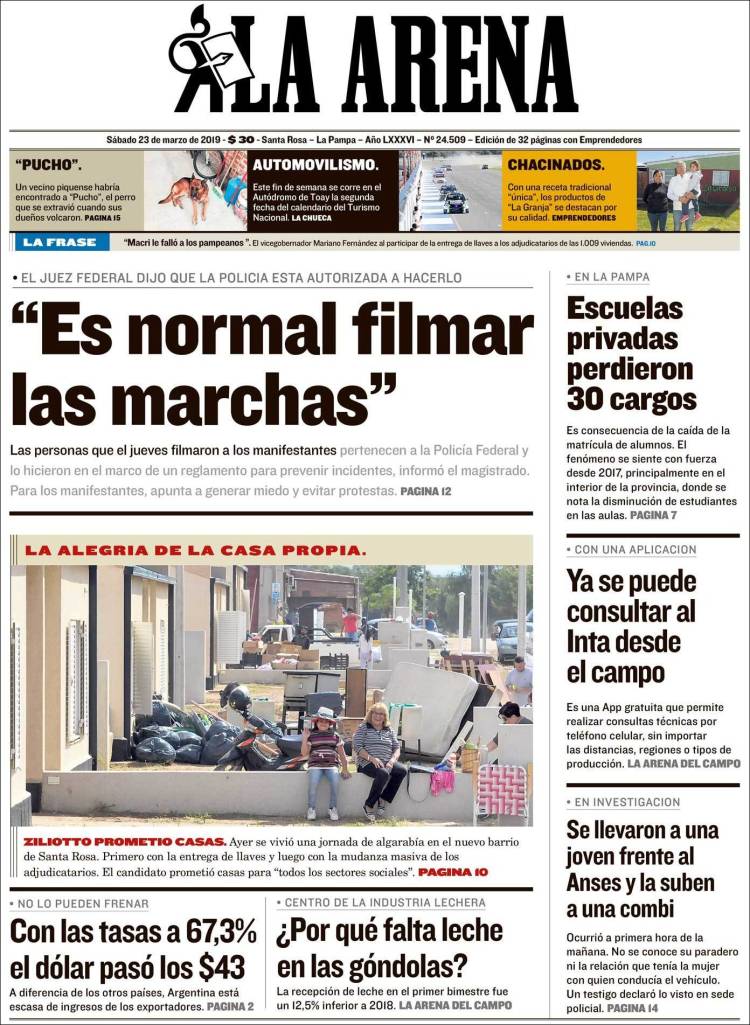 Portada de Diario La Arena (Argentina)