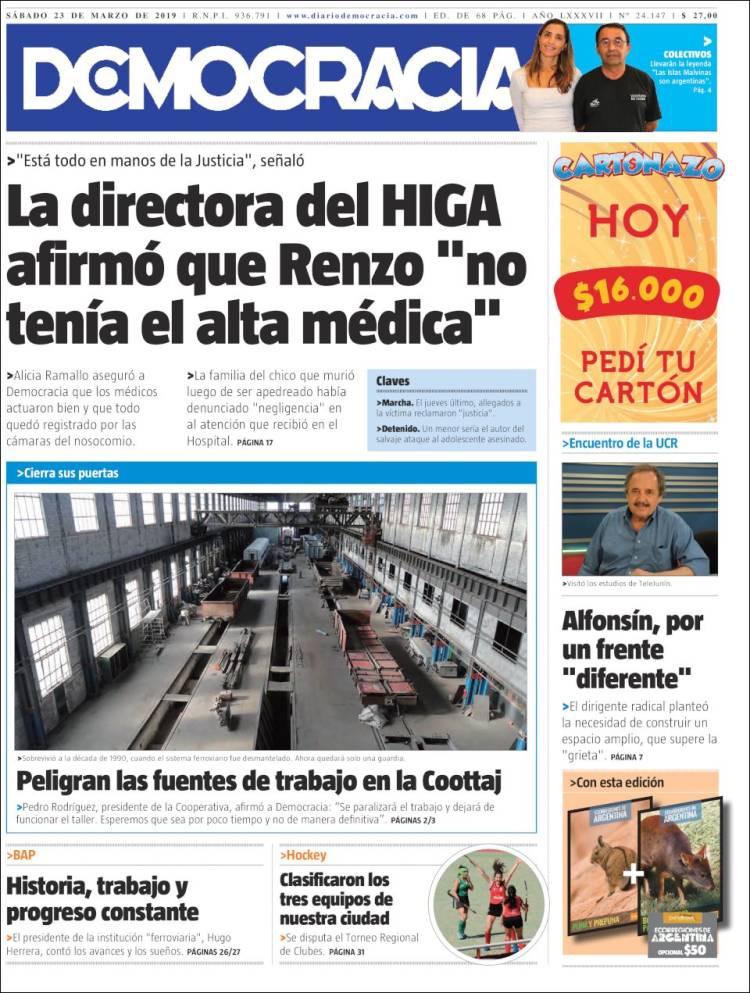 Portada de Diario Democracia (Argentina)