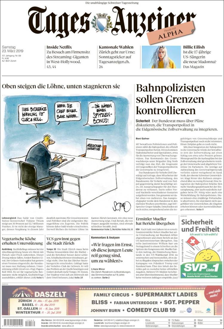 Portada de Tages-Anzeiger (Suiza)