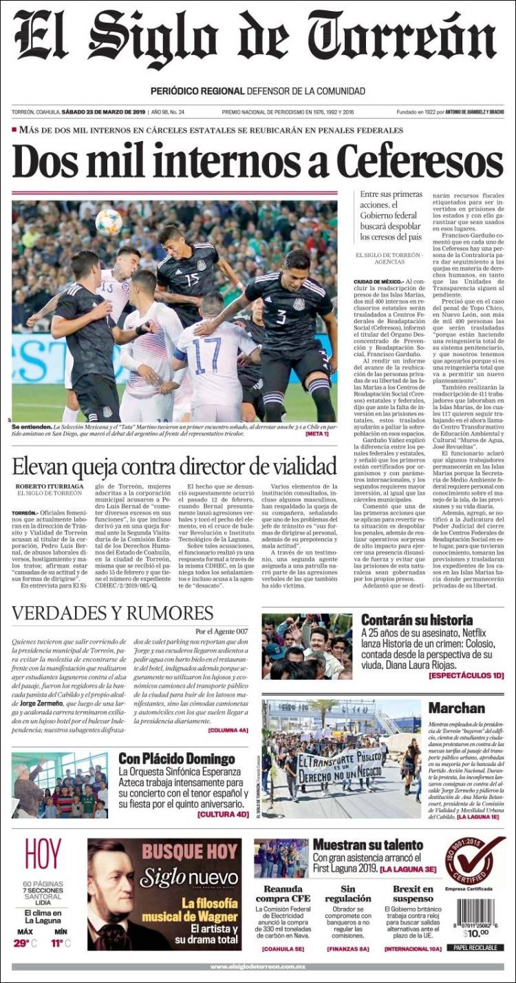 Portada de El Siglo de Torreon (M&eacute;xico)