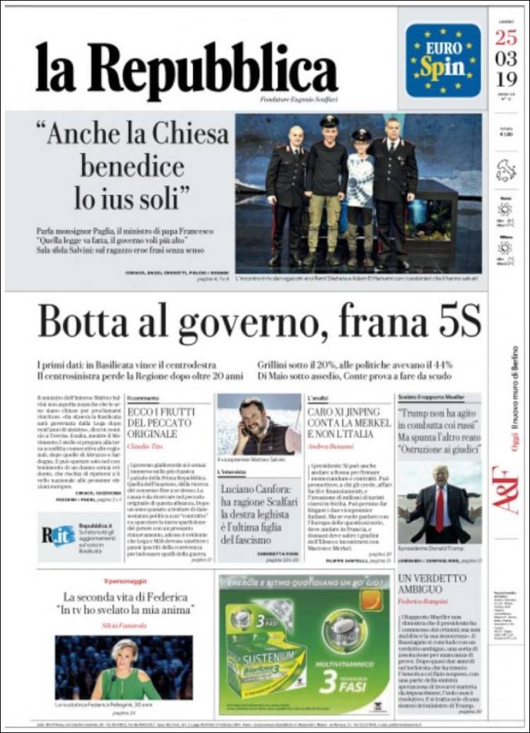 Portada de La Repubblica (Italia)