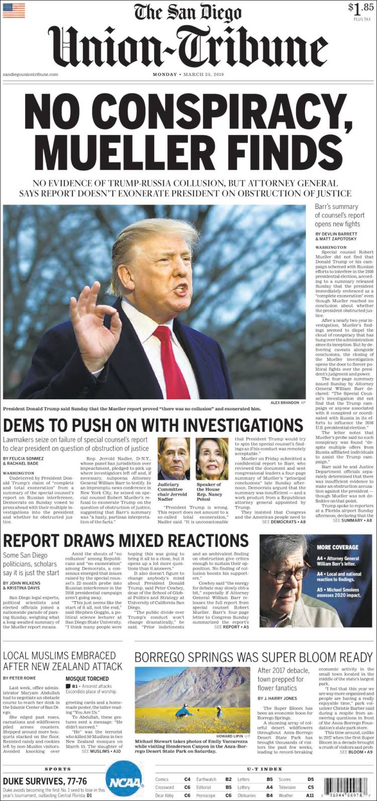 Portada de The San Diego Union-Tribune (USA)