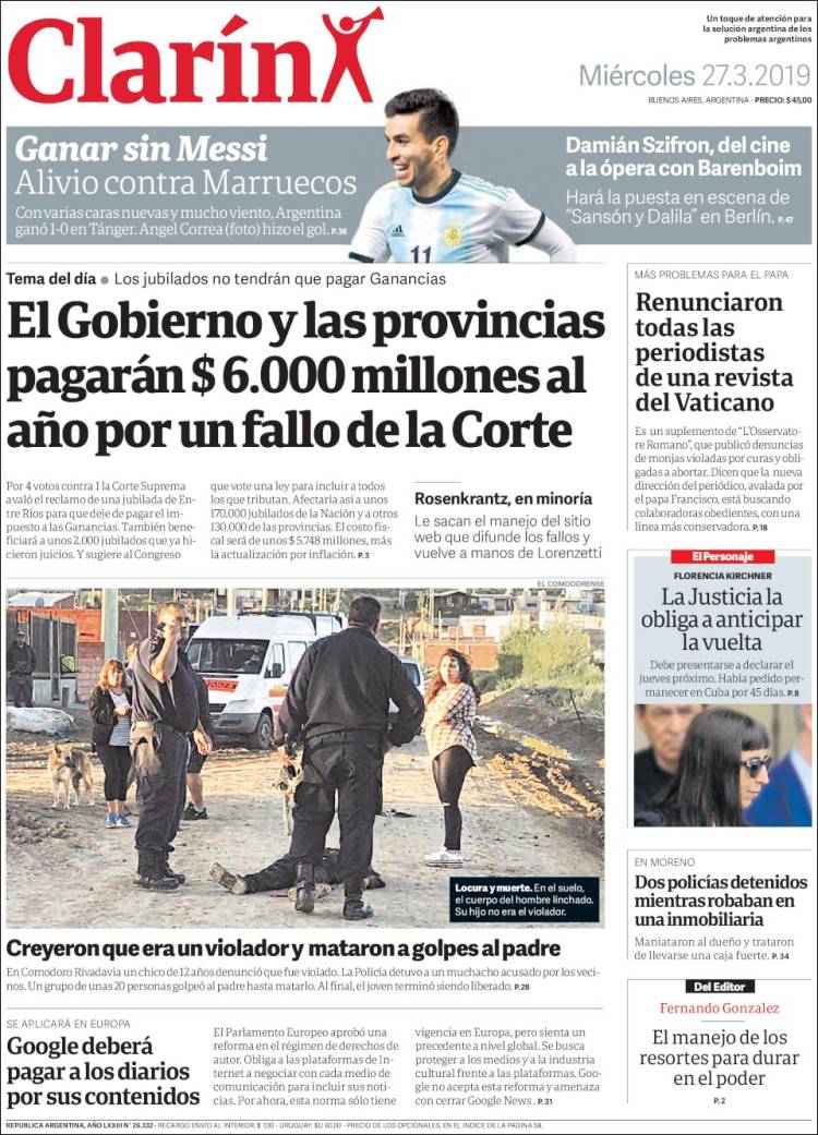 Portada de Clarín (Argentina)