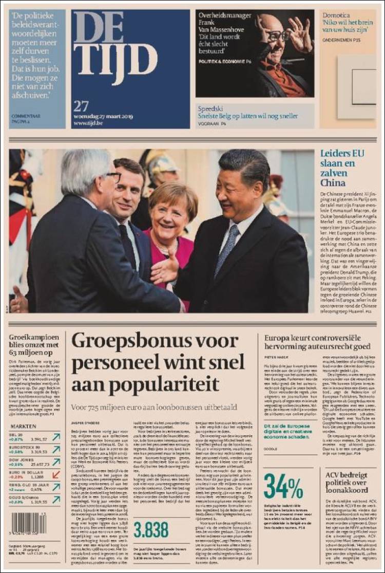 Portada de De Tijd (B&eacute;lgica)