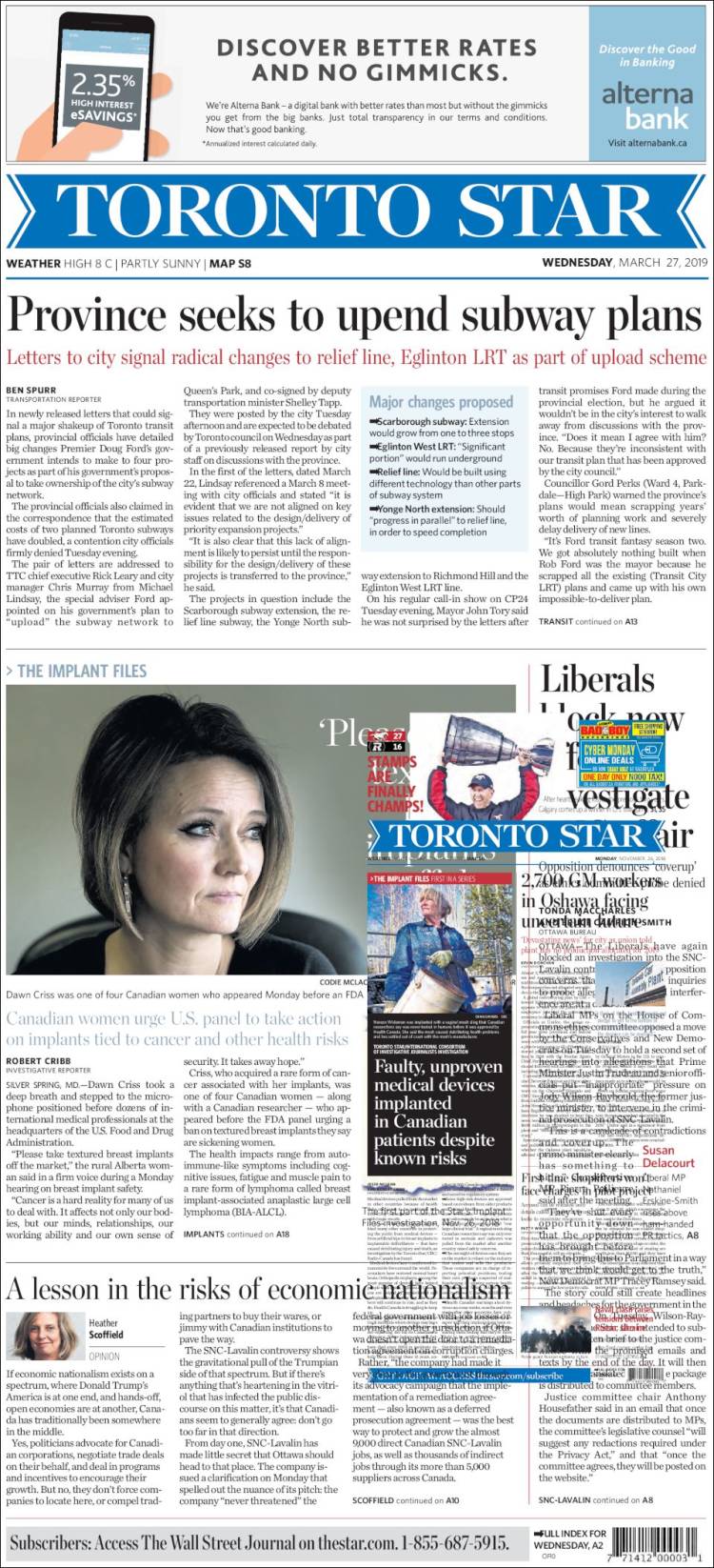 Portada de The Toronto Star (Canada)