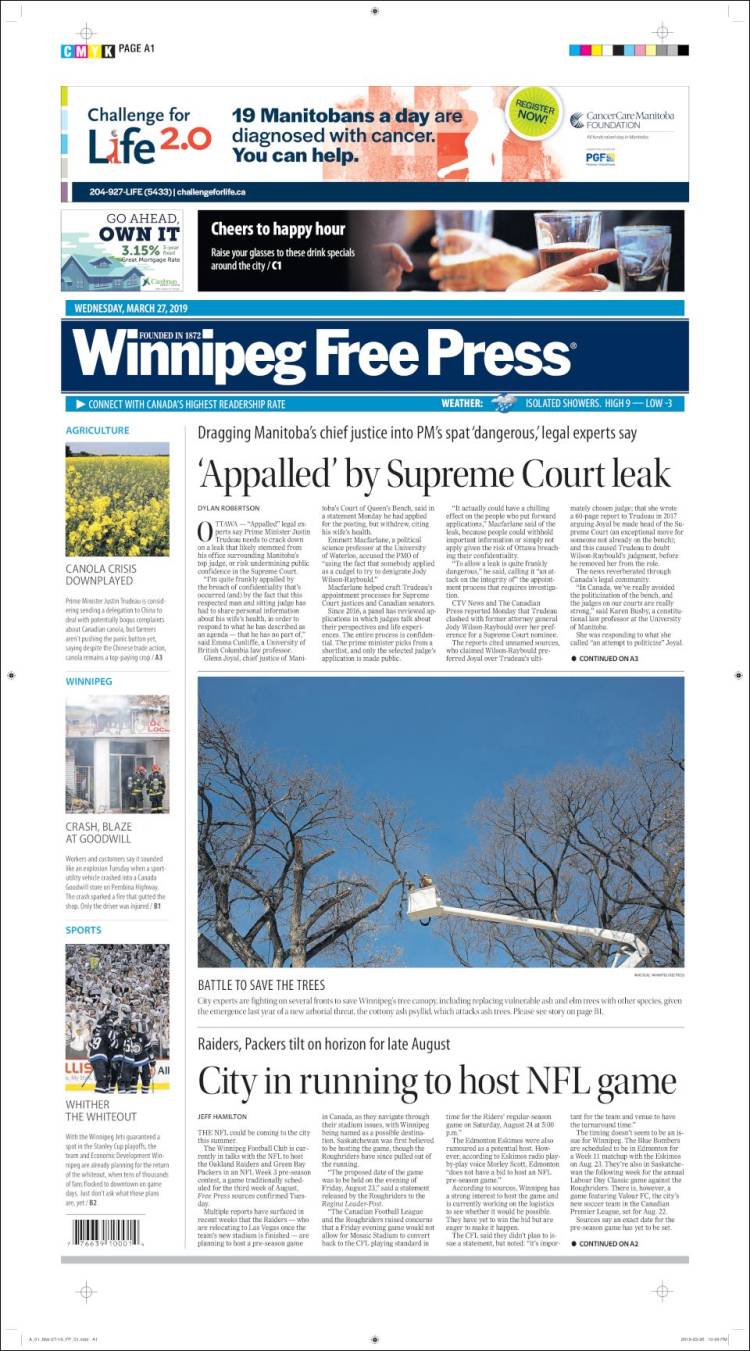 Portada de Winnipeg Free Press (Canada)