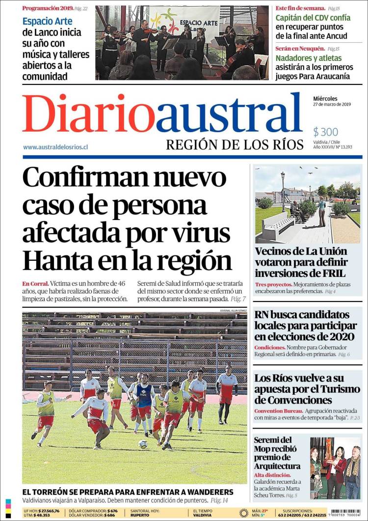 Portada de El Diario Austral de Valdivia (Chile)
