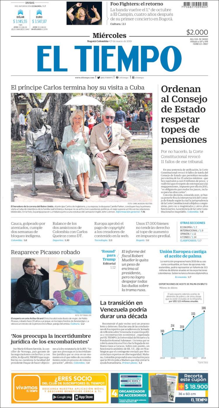 Portada de El Tiempo (Colombia)