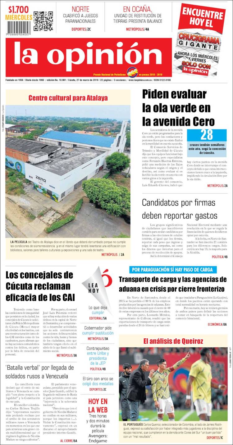 Portada de Diario La Opinion (Colombia)