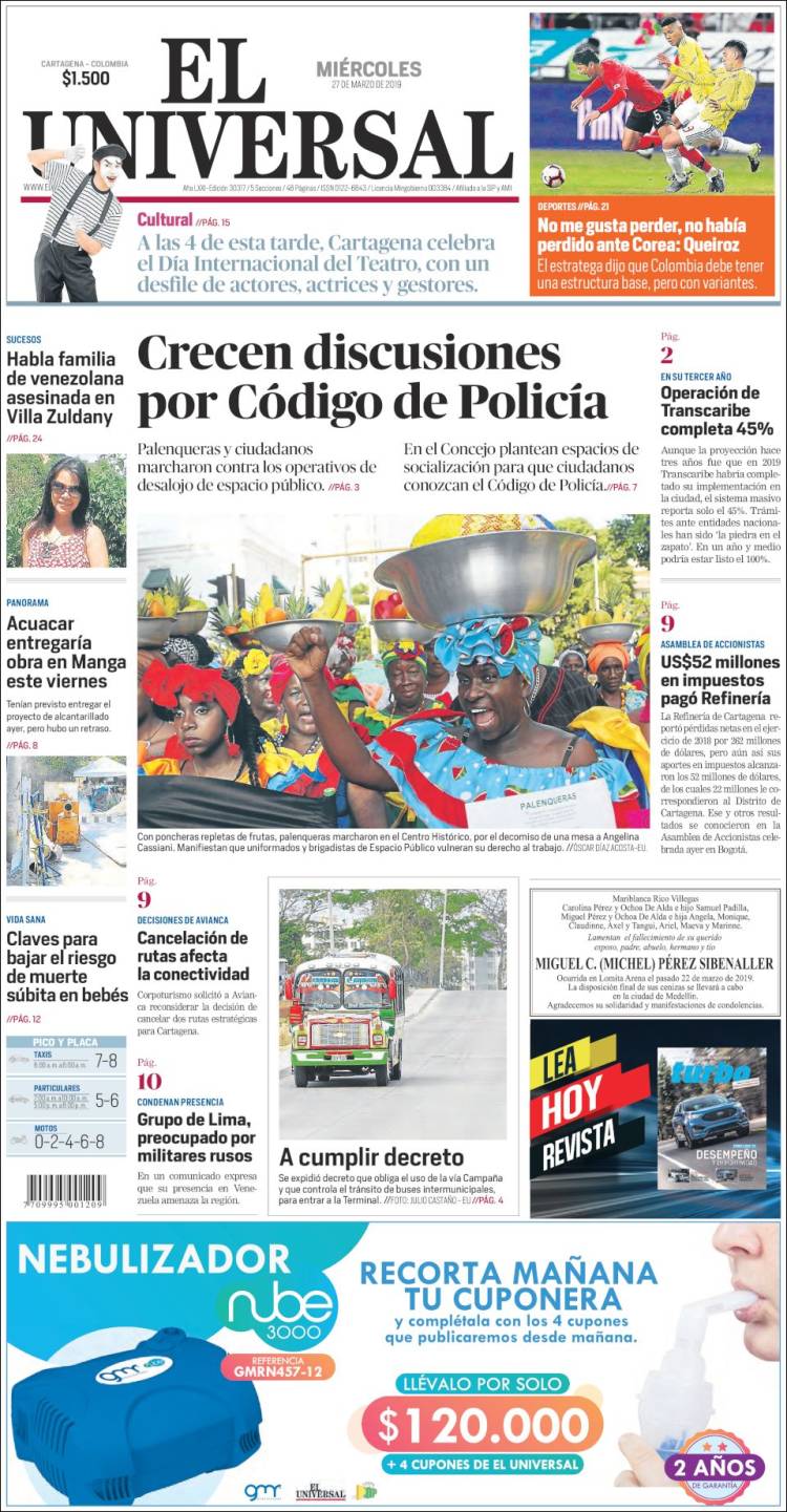 Portada de El Universal (Colombia)