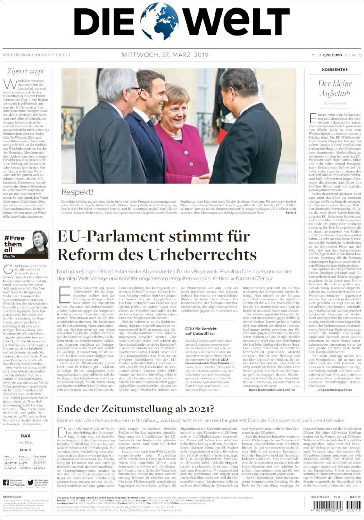 Portada de Die Welt (Alemania)