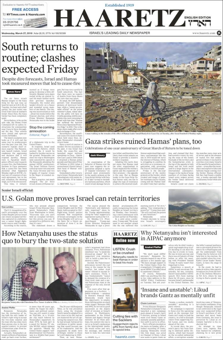 Portada de Haaretz (Israel)