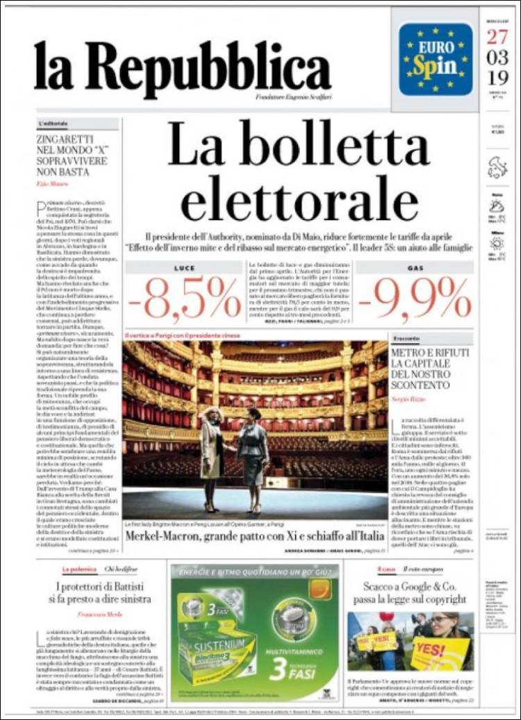 Portada de La Repubblica (Italia)