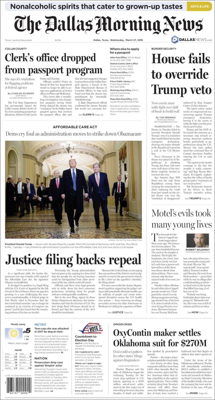 Portada de Dallas Morning News (USA)