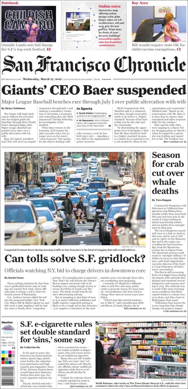 Portada de San Francisco Chronicle (USA)