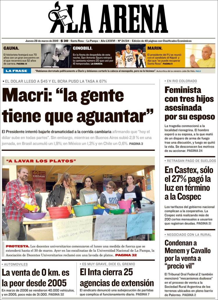Portada de Diario La Arena (Argentina)