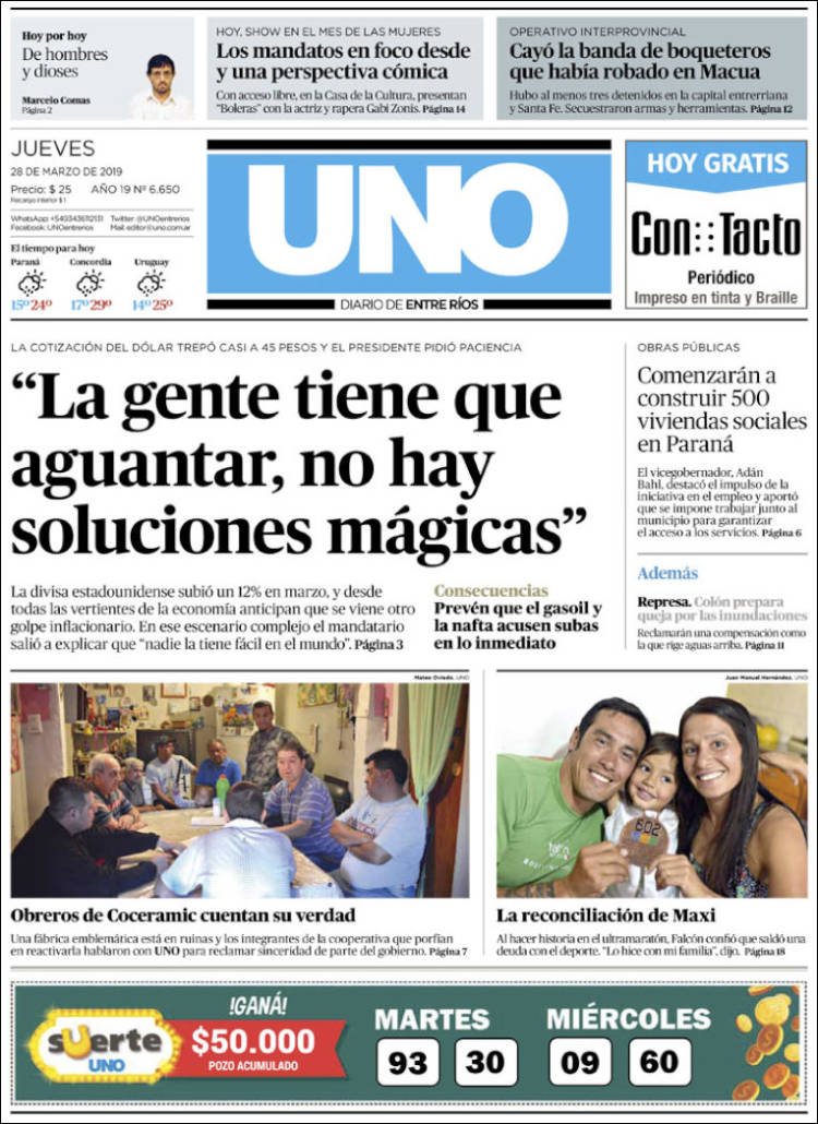 Portada de Diario Uno de Entre Ríos (Argentina)