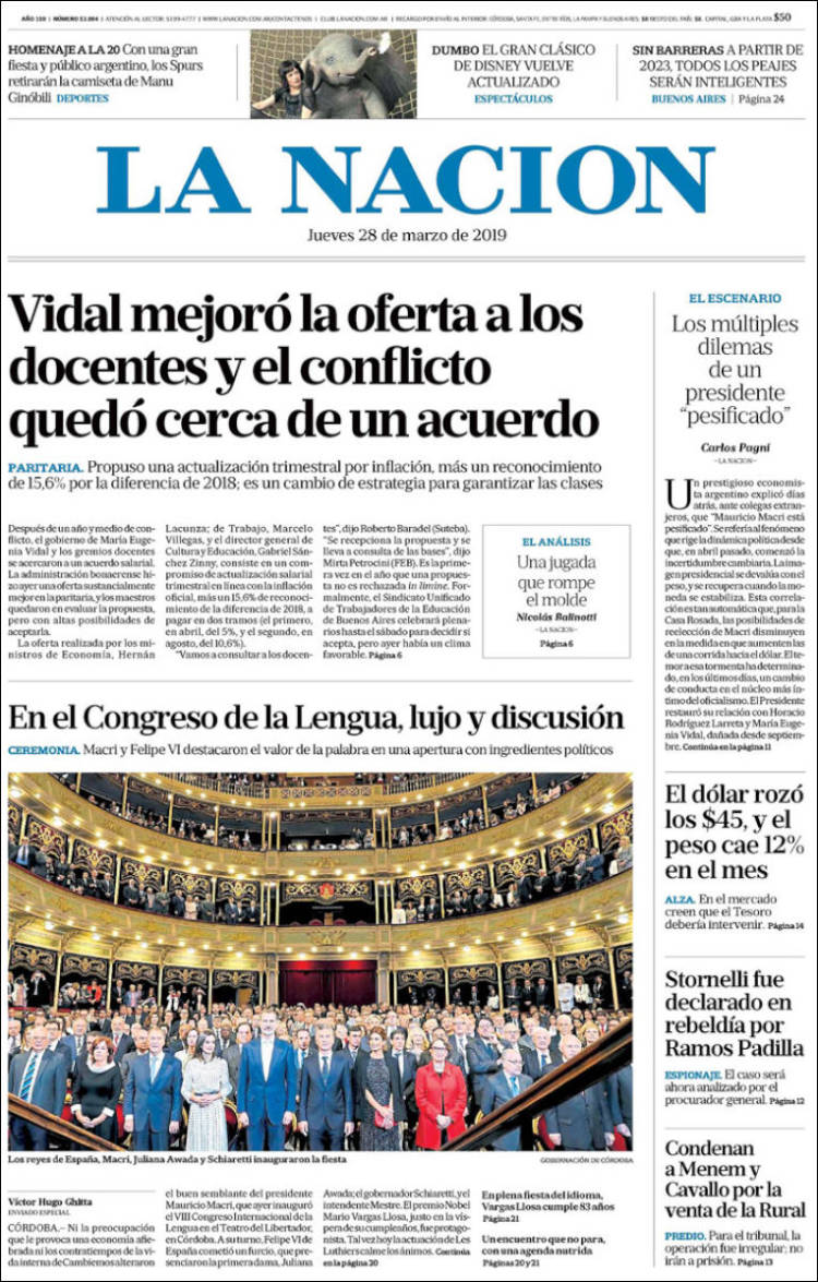 Portada de La Nación (Argentina)