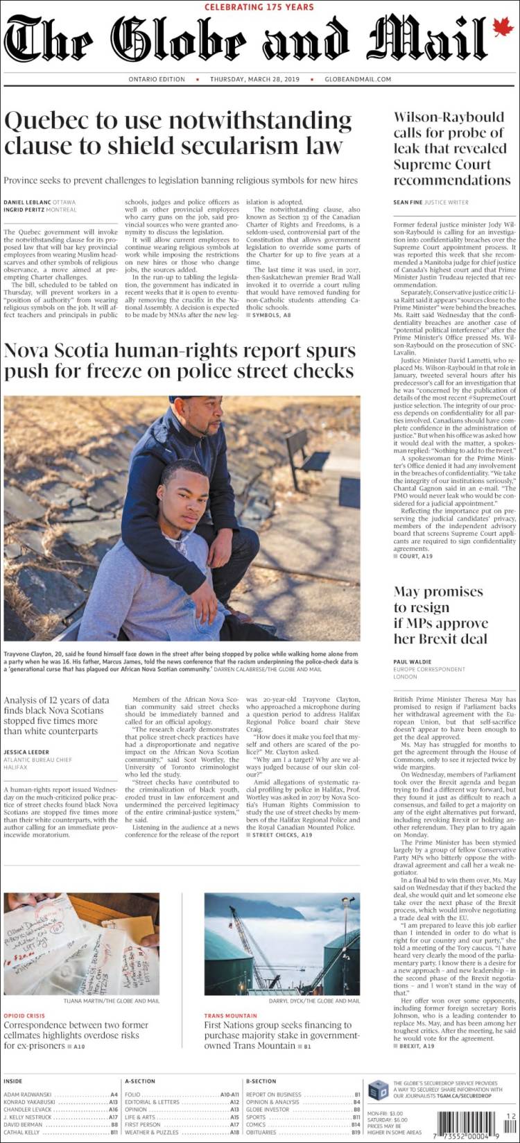 Portada de The Globe and Mail (Canadá)