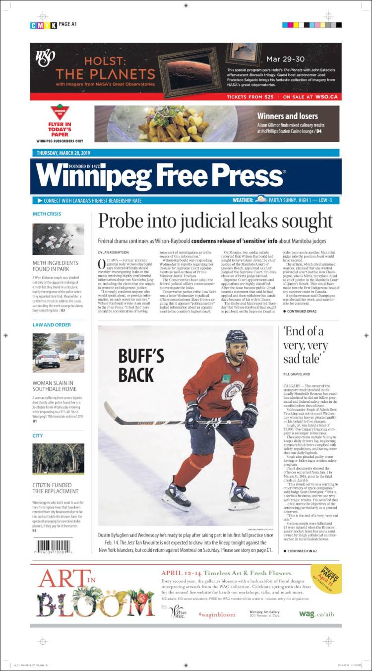 Portada de Winnipeg Free Press (Canadá)