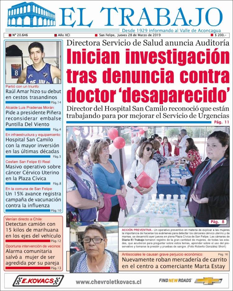 Portada de El Trabajo (Chile)