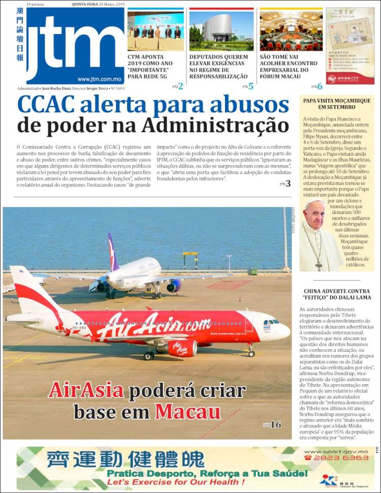 Portada de Jornal Tribuna de Macau (China)