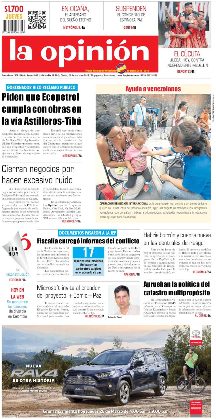Portada de Diario La Opinion (Colombia)