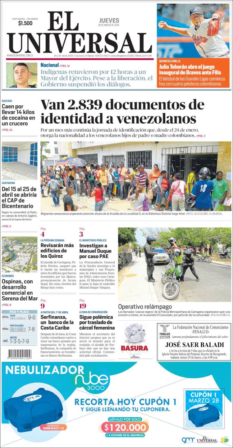 Portada de El Universal (Colombia)