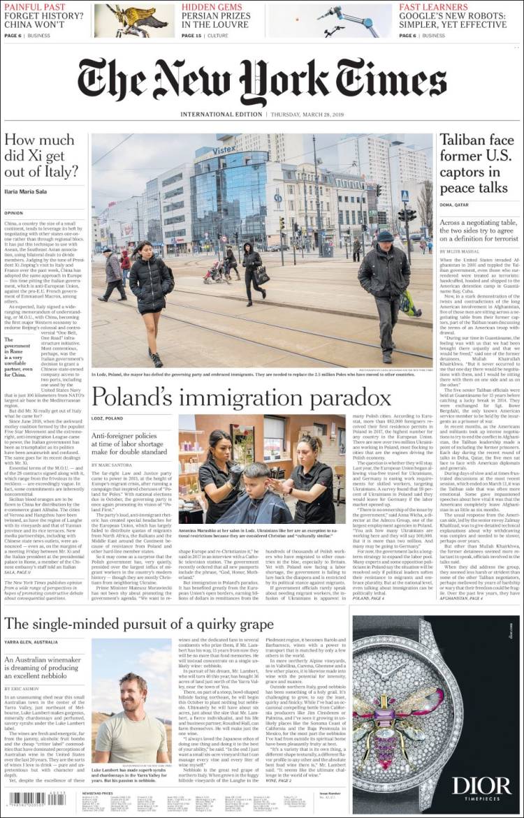 Portada de International New York Times (Europa)