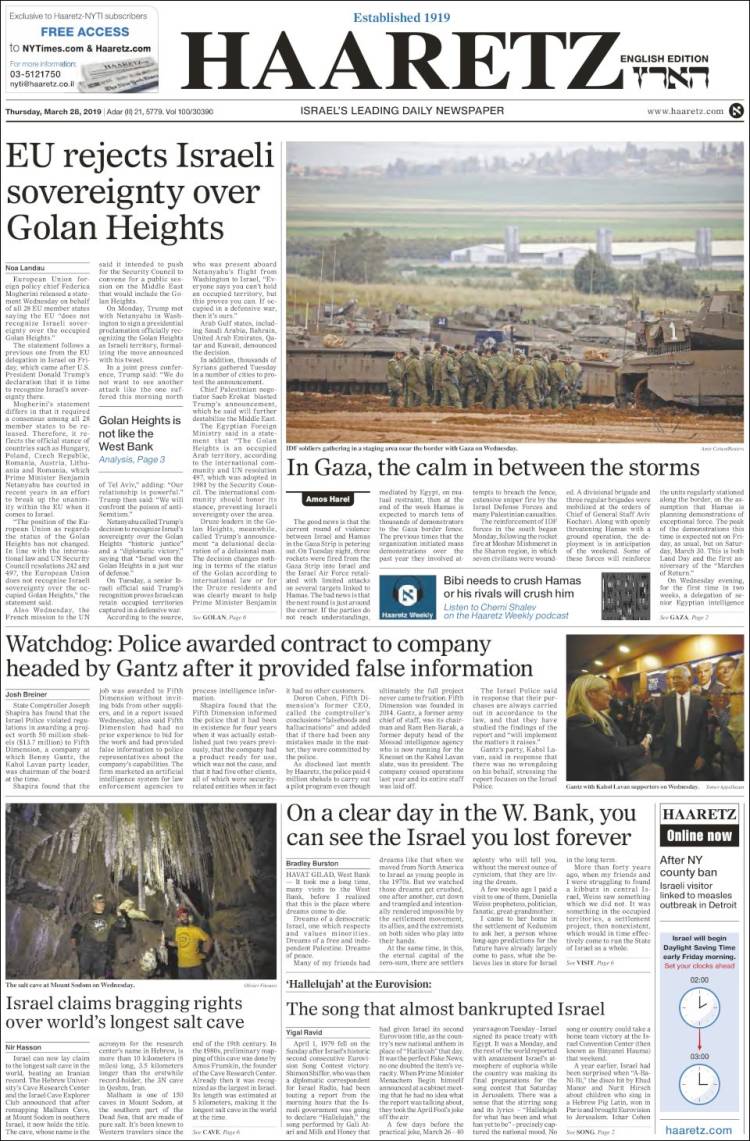 Portada de Haaretz (Israel)