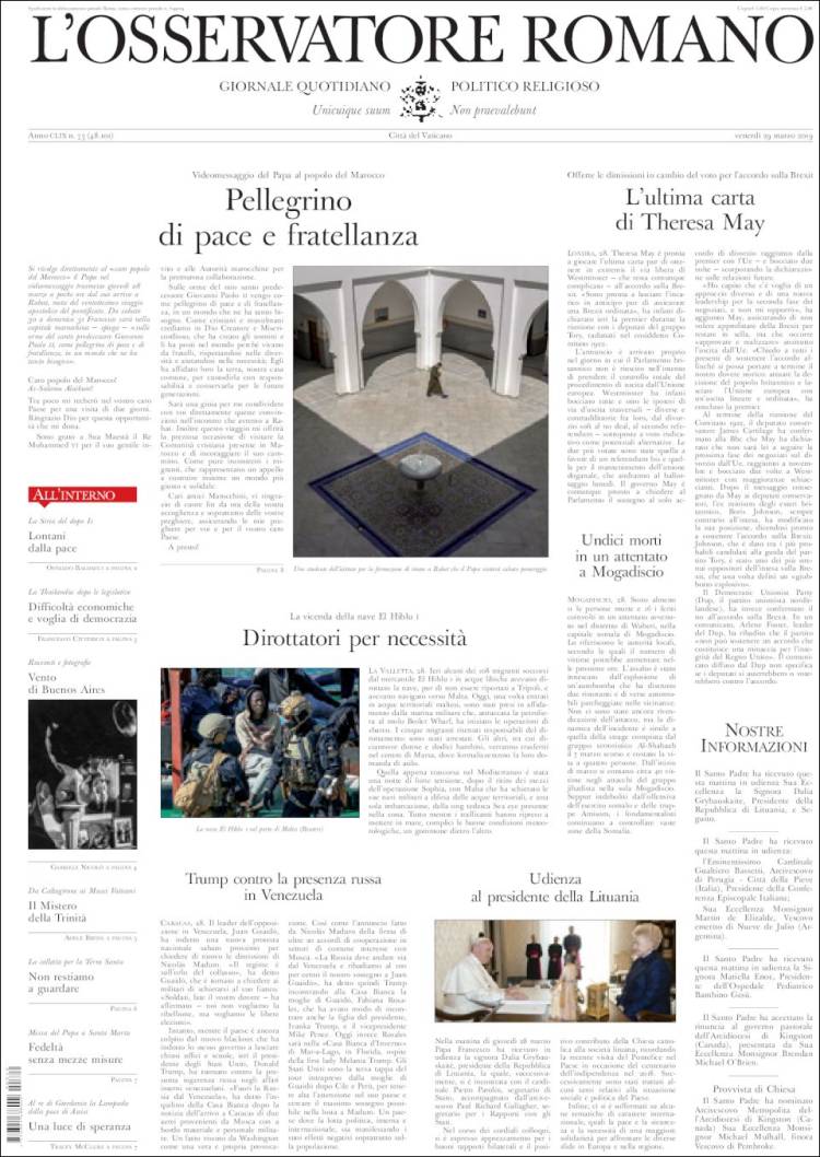 Portada de L'Osservatore Romano (Italia)