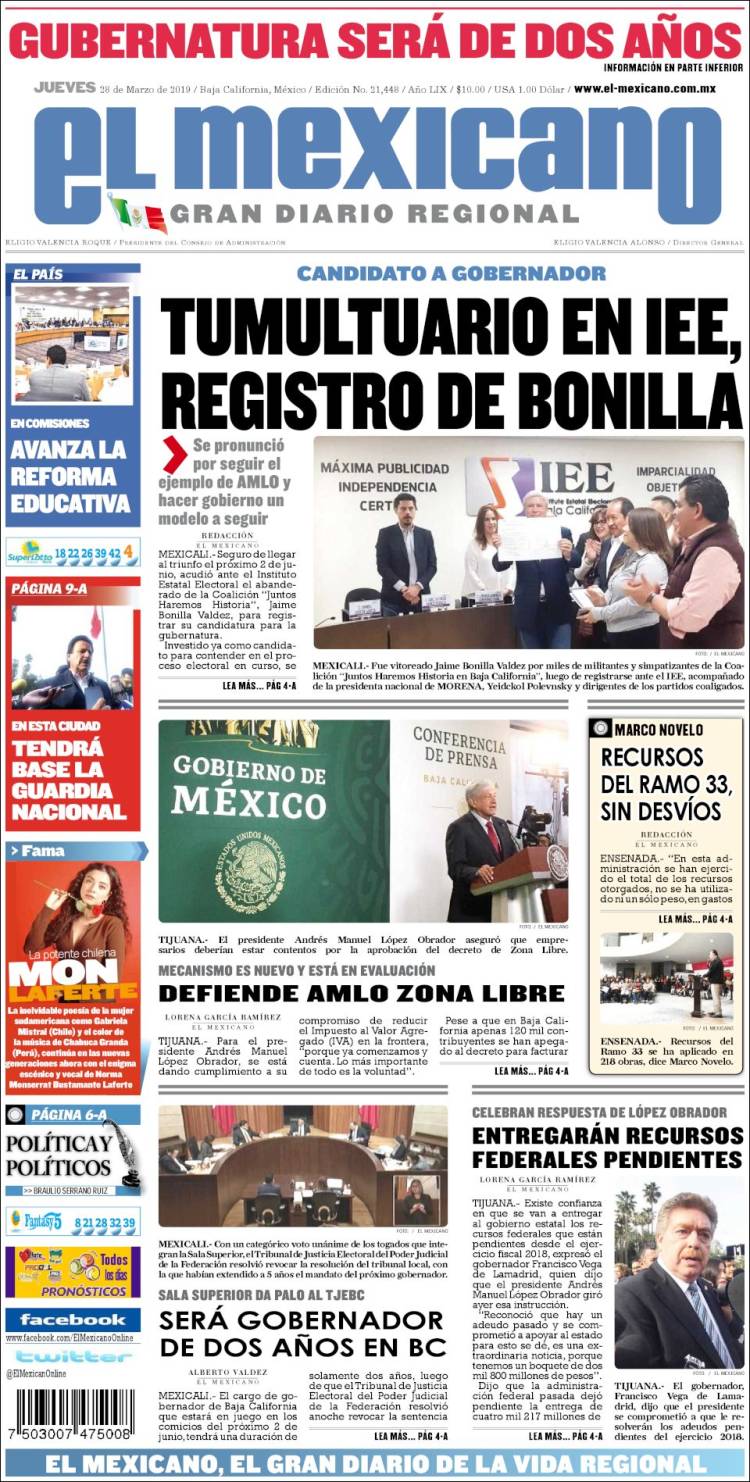 Portada de El Mexicano - El Gran Diario Regional (México)