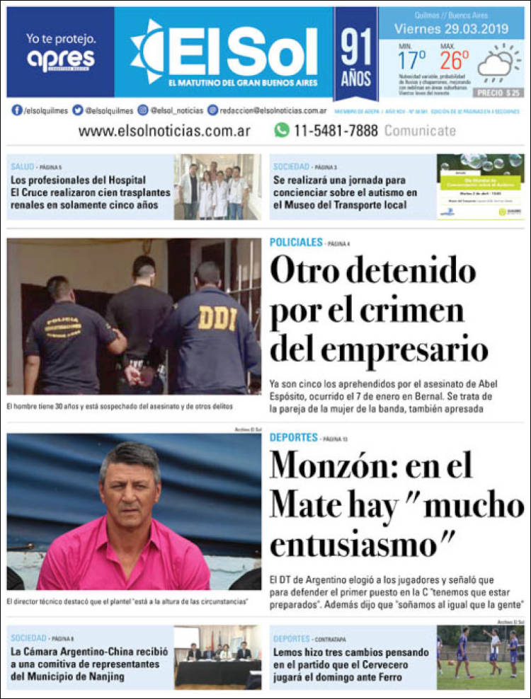 Portada de Diario El Sol (Argentina)