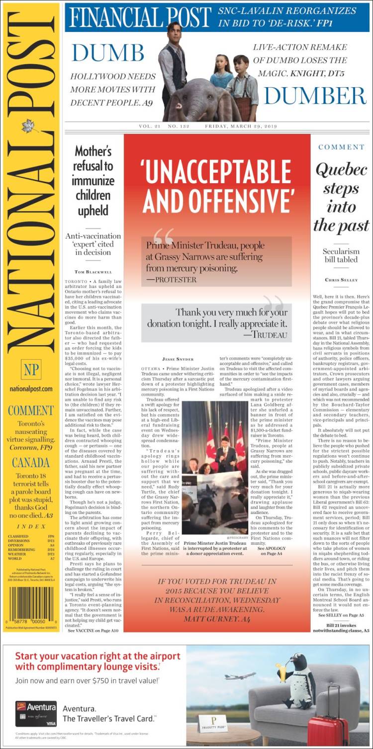 Portada de The National Post (Canadá)