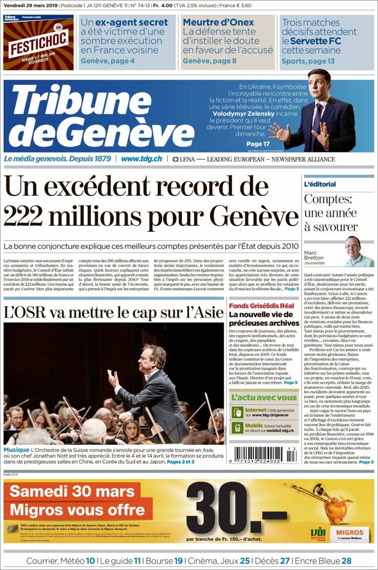 Portada de La Tribune de Genève (Suiza)