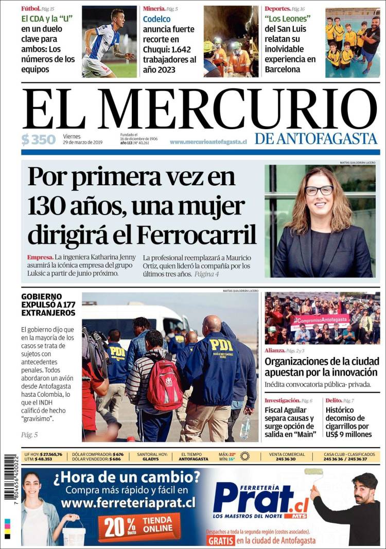 Portada de El Mercurio de Antofagasta (Chile)