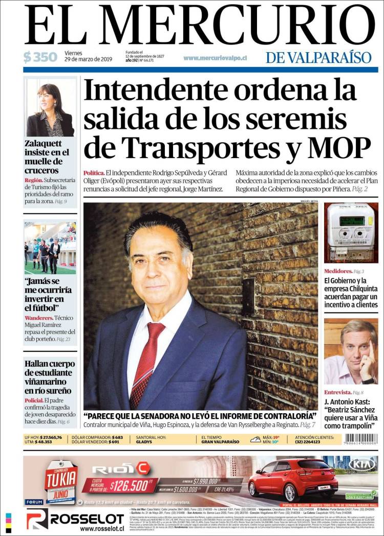 Portada de Mercurio de Valparaiso (Chile)