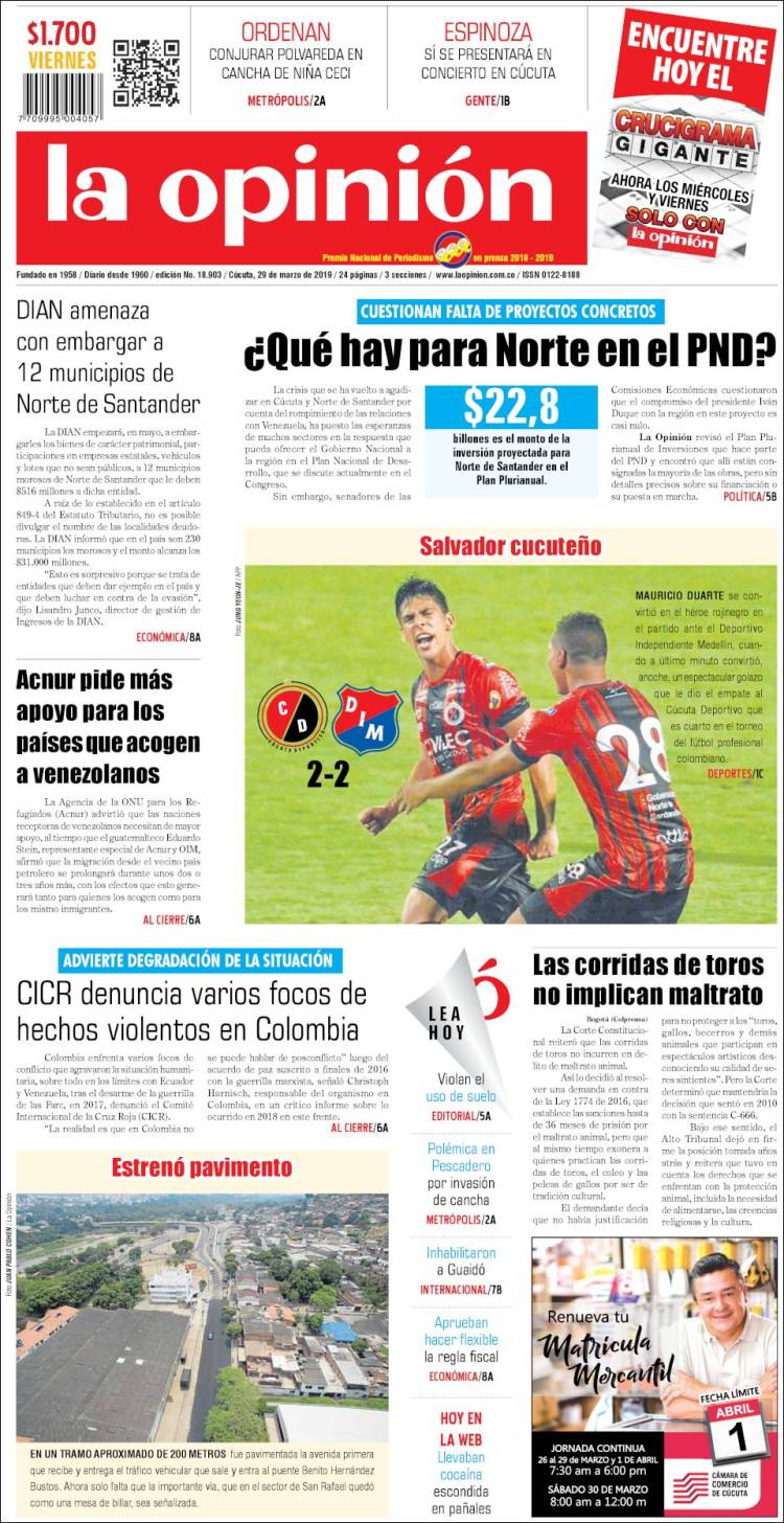 Portada de Diario La Opinion (Colombia)